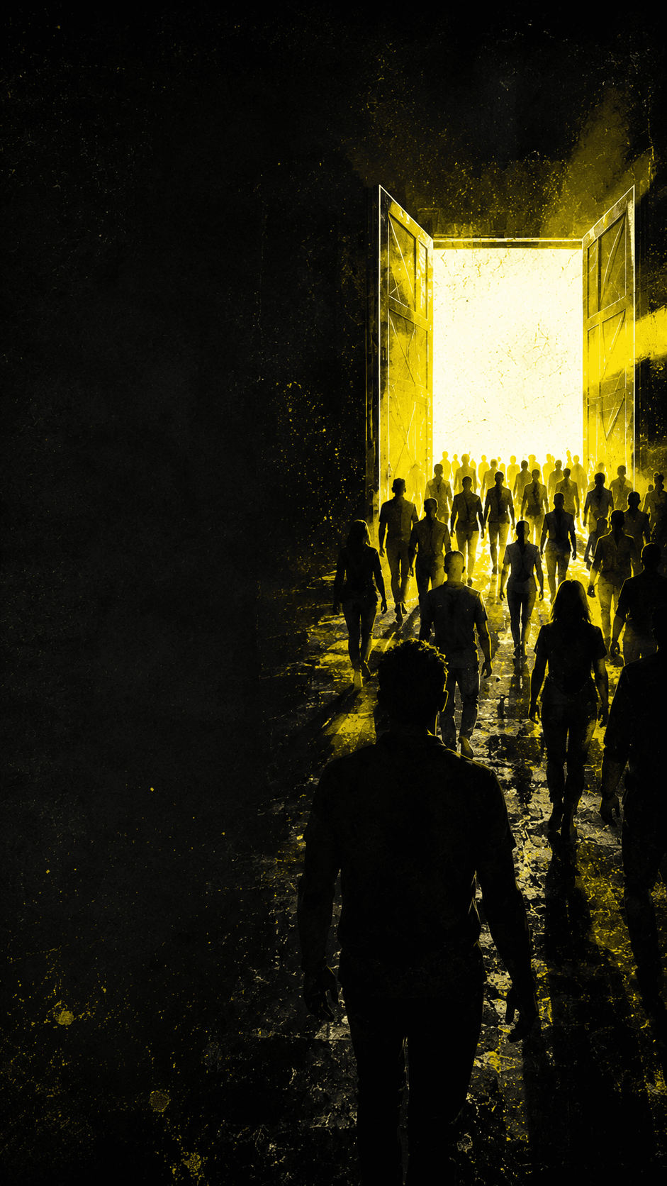 Una multitud diversa avanza hacia una puerta abierta de luz